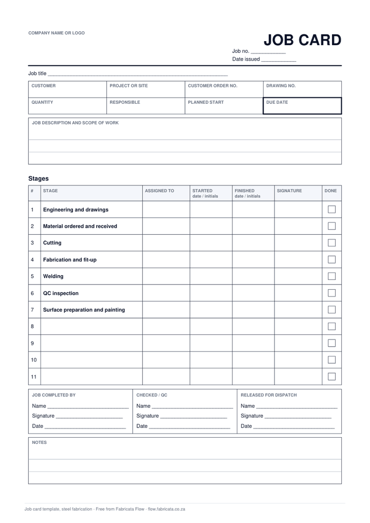 A blank A4 job card with boxes for customer, drawing number and due date, a table of stages with started, finished, signature and tick columns, then completed, checked and released sign-off blocks and a notes section